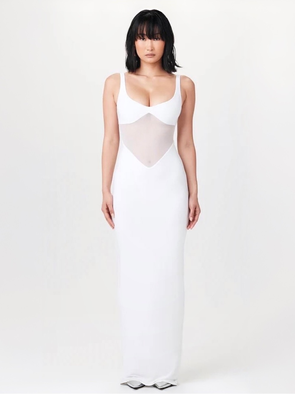 naked wardrobe Hourglass Mesh Contrast Maxi Dress White Sz M NWT - Picture 2 of 11